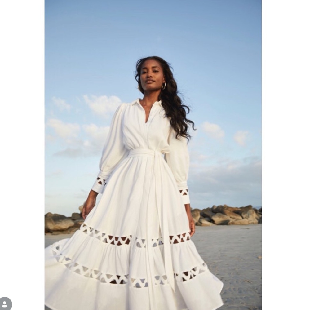 Lisa Marie Fernandez x Target white midi linen dress 0 balloon sleeve tie waist